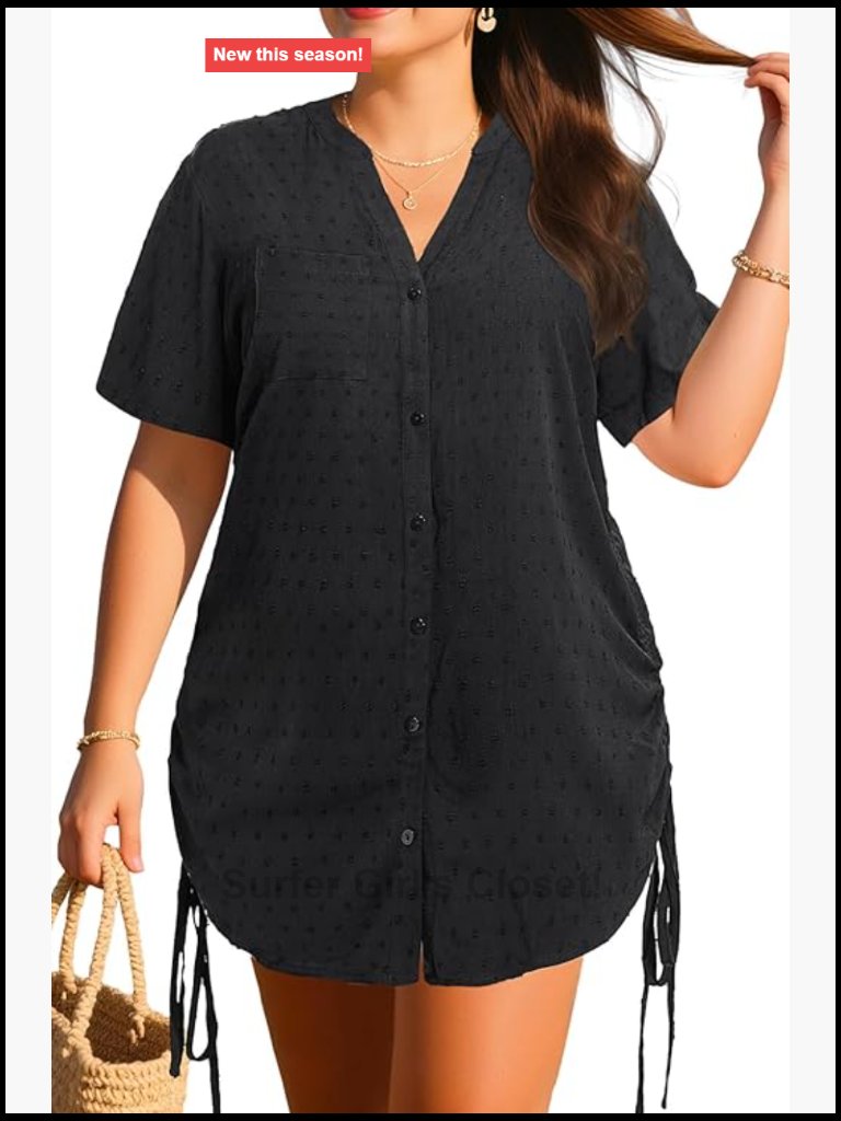 Plus Size Swiss Dot Button Down Swimsuit Cover Up Shirt